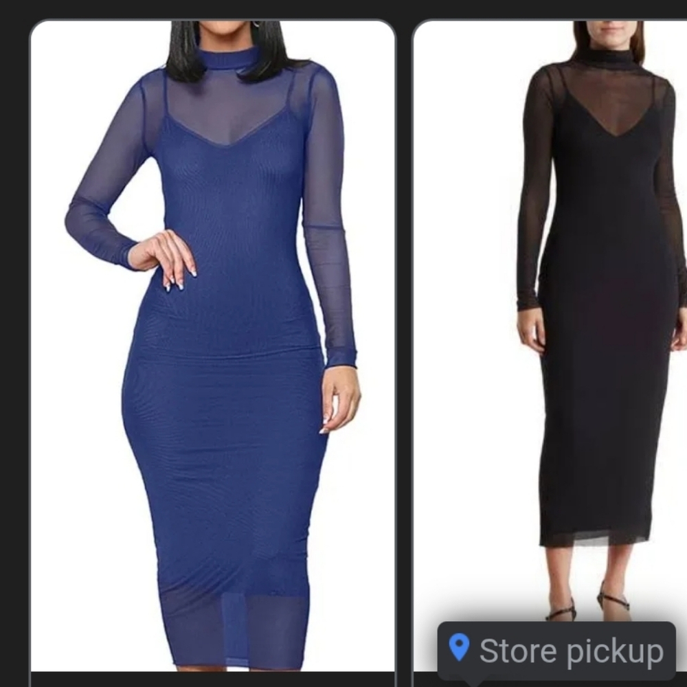 Elegant Sheer Sleeve Midi Dress - Blue Turtleneck AVAIL SIZE SMALL